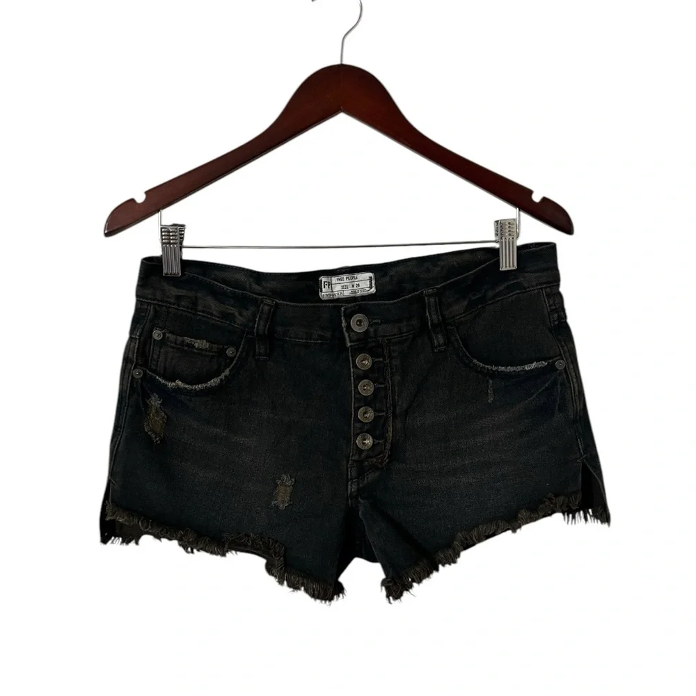 FREE PEOPLE Shark Bite Black Distressed Jean Denim Shorts